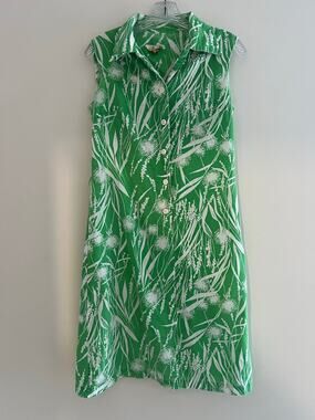 Vintage 1970s Green White Floral Sleeveless Collared Short Dress Small Medium JL